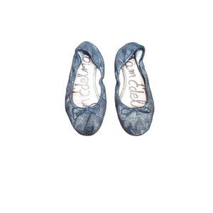 SAM EDELMAN FELICIA BLACK LEATHER METALLIC SILVER BALLET FLAT SHOES SIZE 7.5